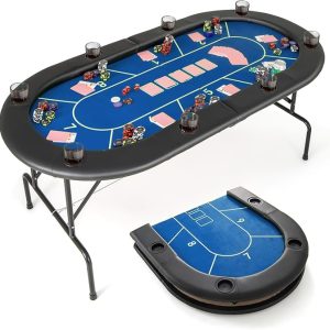 Giantex 72" Poker Table Foldable, 8 Player Folding Card Board Game Table w/ 8 Cup Holders, Casino-Grade Felt Surface, Portable Oval Texas Holdem Poker Tables for Blackjack Casino, No Assembly Required