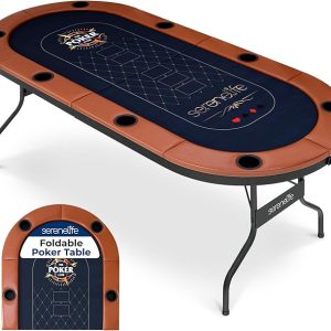 SereneLife 6ft Foldable Poker Game Table, 8 Player Casino Style Oval Card Table with Cushioned Rails, 8 Cup Holders, Metal Legs, Water-Resistant, Felt-Surface, Games Table 71.65"x32.28"x29.13" Inch