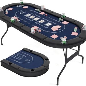 Goplus 72” Poker Table Foldable, 8 Players Card Board Game Table w/Deep Metal Cup Holders, Casino Grade Felt, Portable Folding Oval Blackjack Table for Texas Holdem, No Assembly Required (Blue)